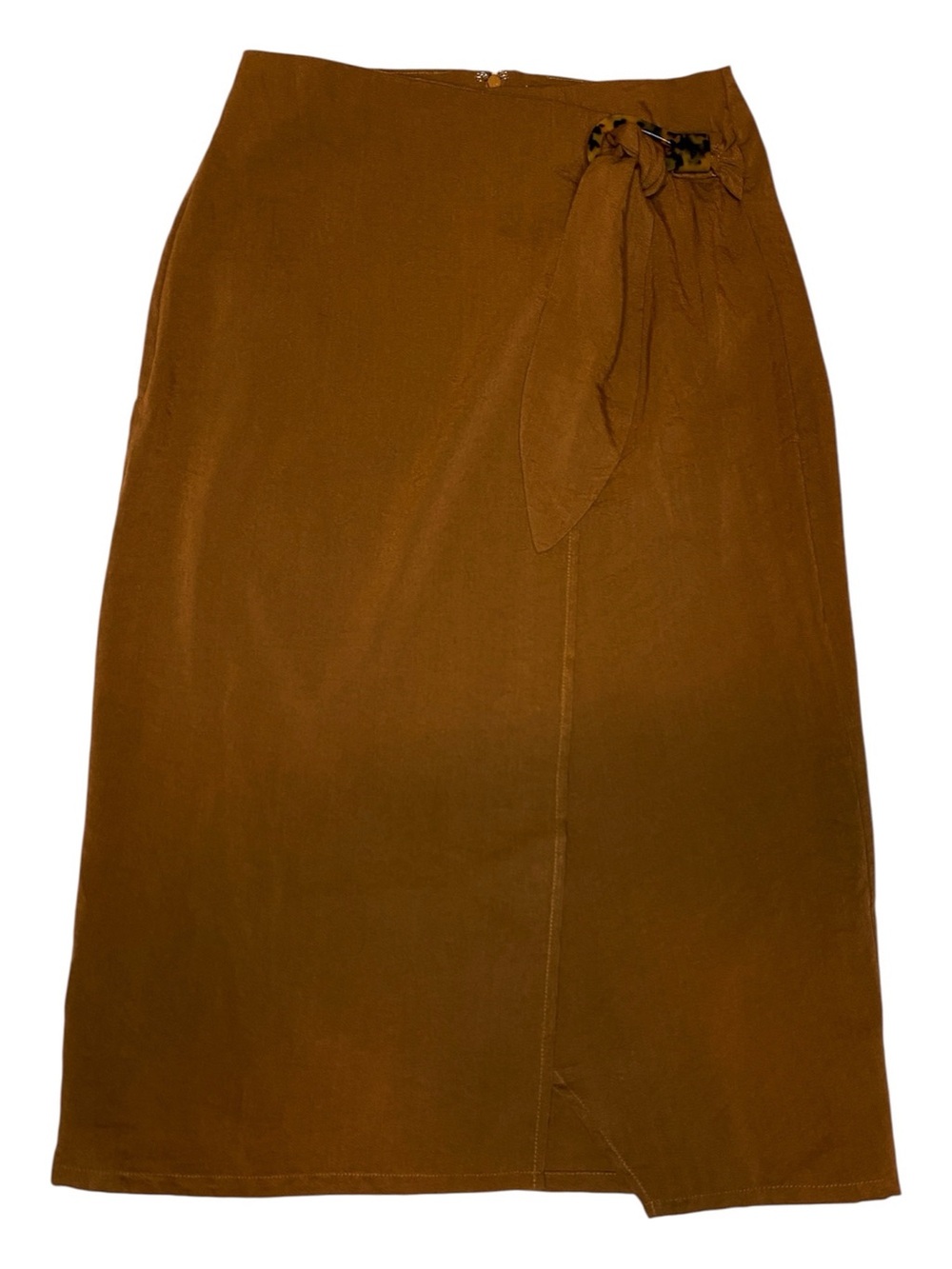 J.O.A. Brown Front Wrap Midi Skirt Tortoise Ring Tie Size Large